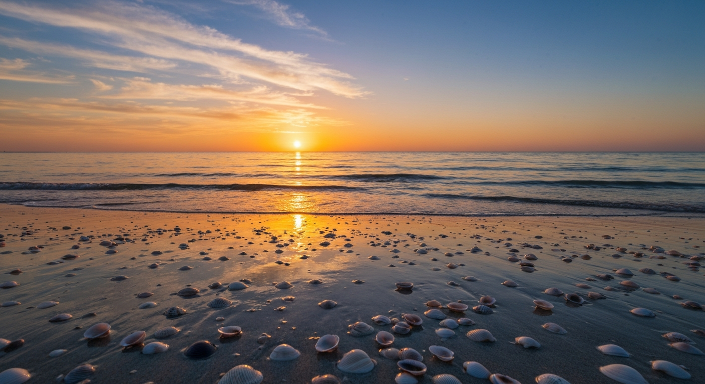 Early morning sunrise over a Sanibel Island beach with shell-covered sand along the waterline