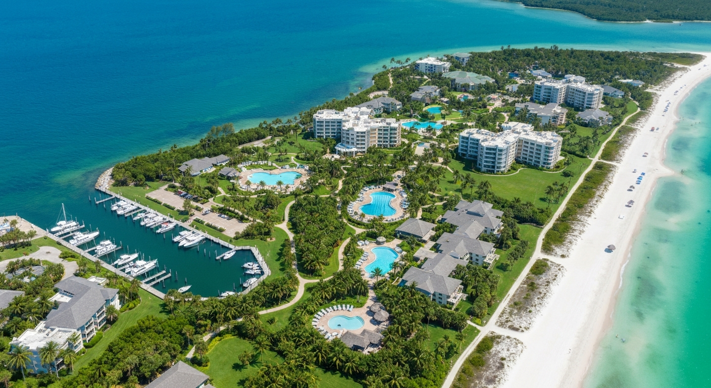 Aerial view of South Seas Island Resort on Captiva Island showing the marina and Gulf of Mexico coastline