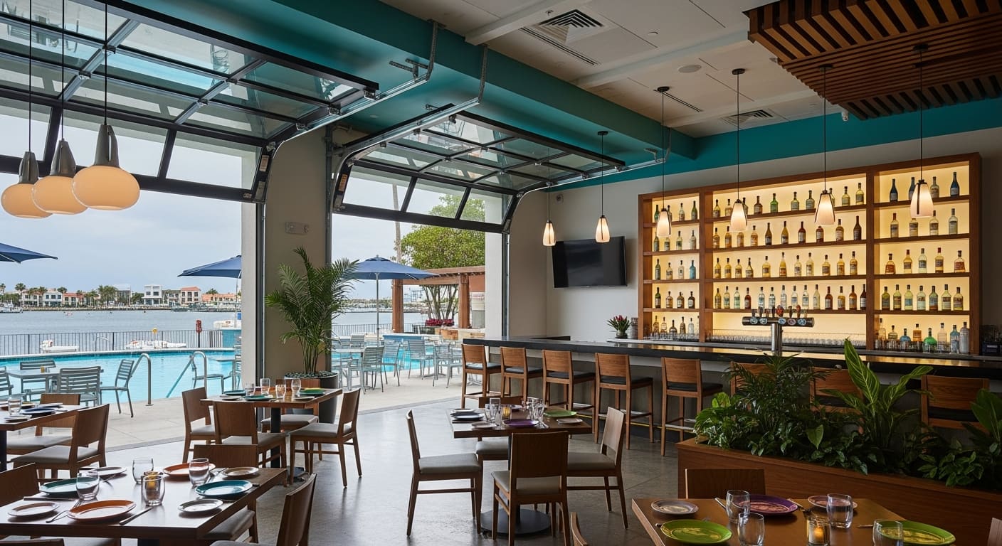 Blue Lime modern Baja-inspired Mexican restaurant with pool and harbor views at Sunseeker Resort