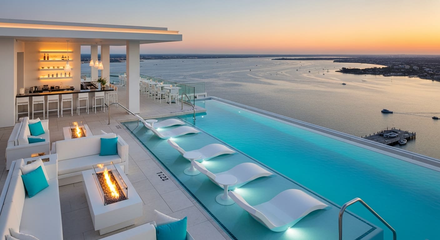 Level Blue rooftop infinity pool bar with 360-degree harbor views at Sunseeker Resort