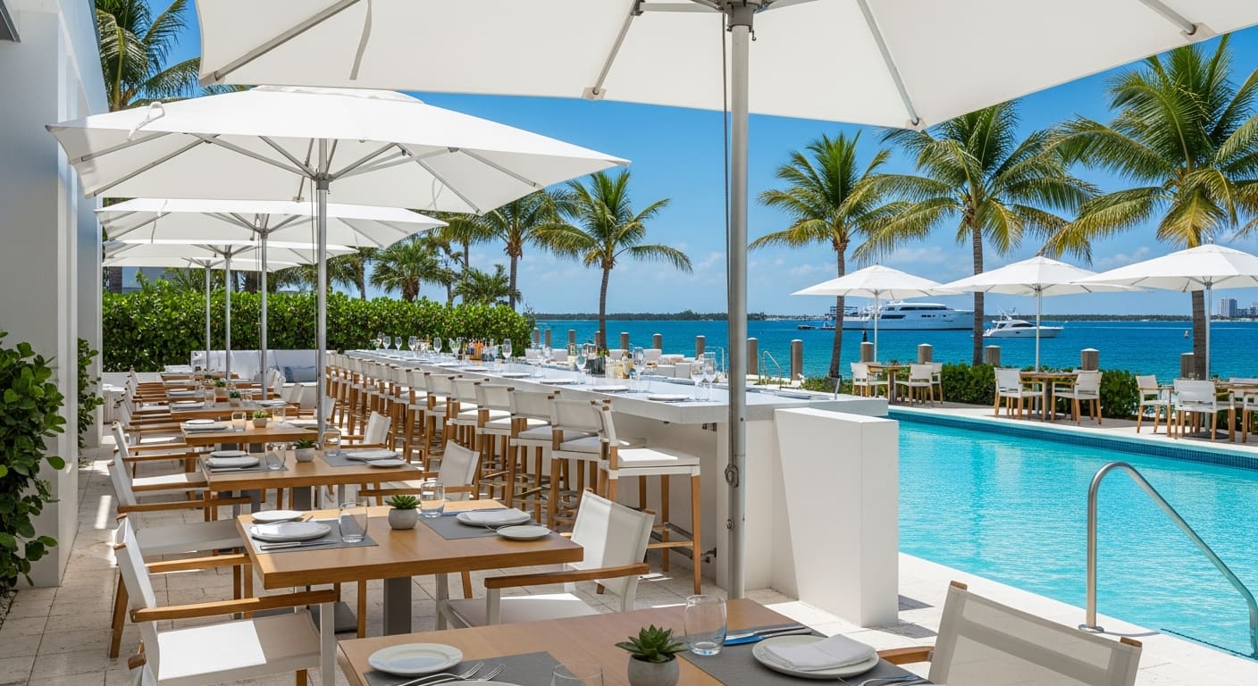 Waterside Table casual poolside restaurant between the pool and harbor at Sunseeker Resort