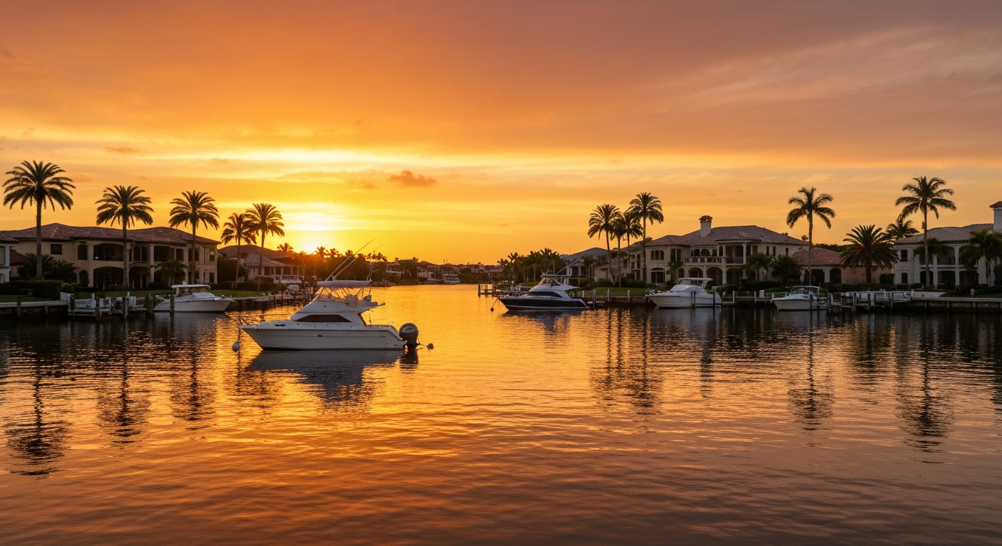 Naples Bay at sunset with boats and waterfront homes along Port Royal