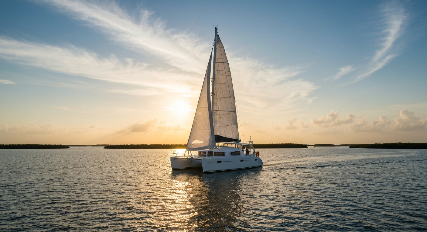 Sailing catamaran on calm Gulf waters during golden hour near Naples Florida