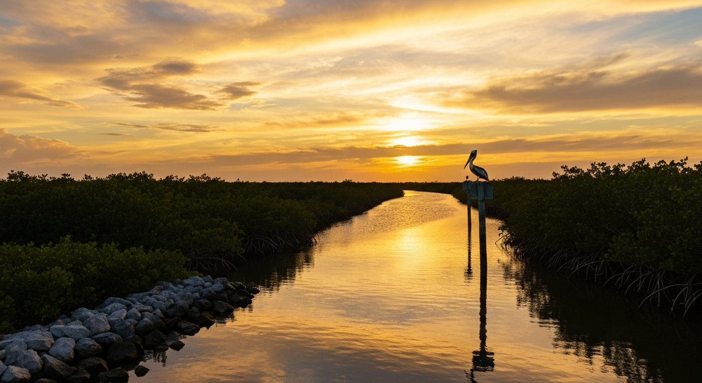Golden sunset over Gordon Pass in Naples with silhouetted pelicans and mangroves