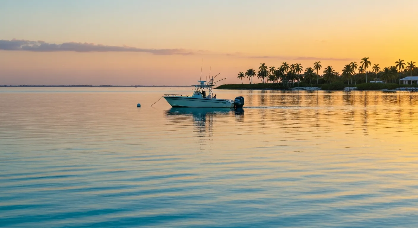Fishing boat at sunrise on the calm waters of Southwest Florida Gulf Coast