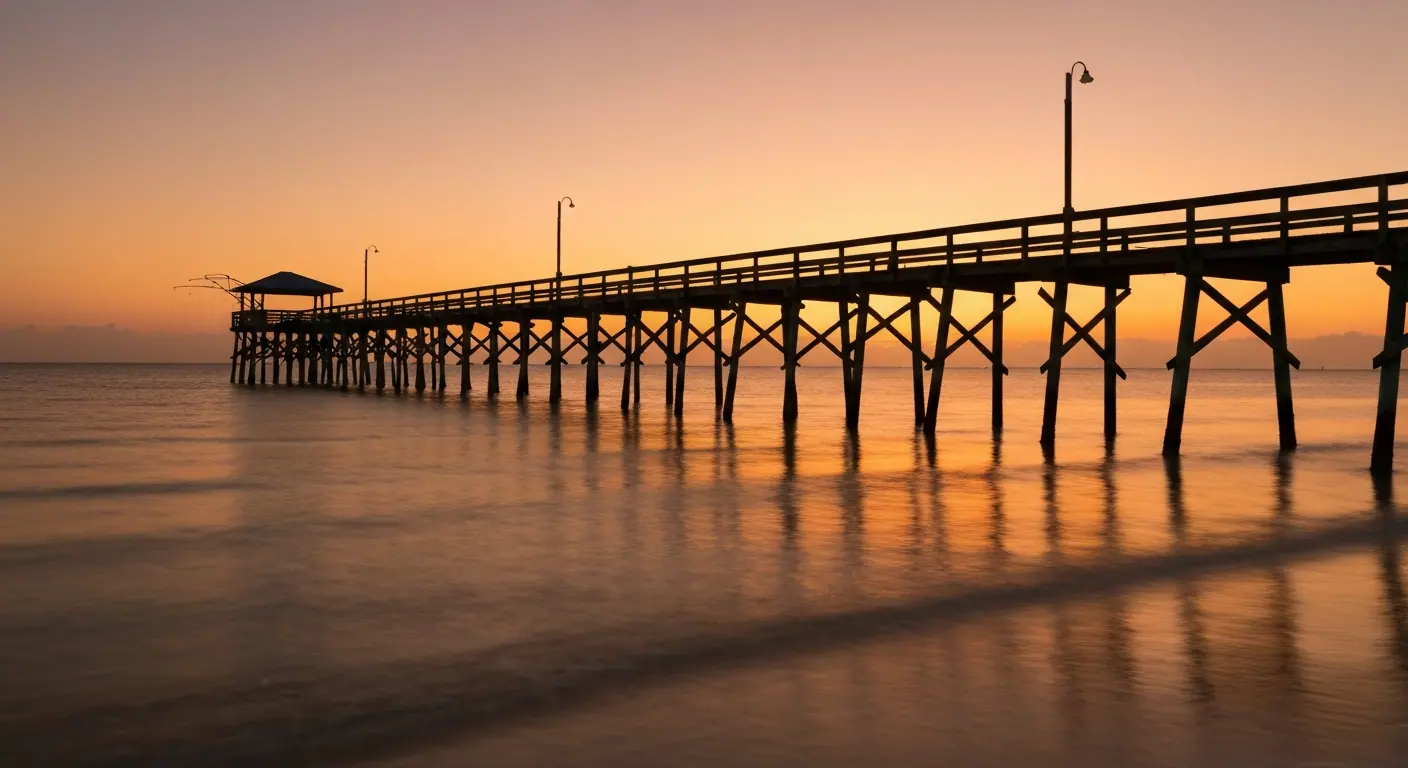 Pier fishing at sunset on a Southwest Florida beach