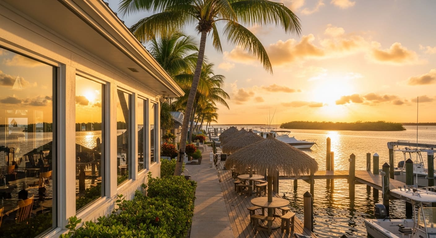 The Green Flash charming waterfront restaurant on Captiva Island overlooking Pine Island Sound at sunset