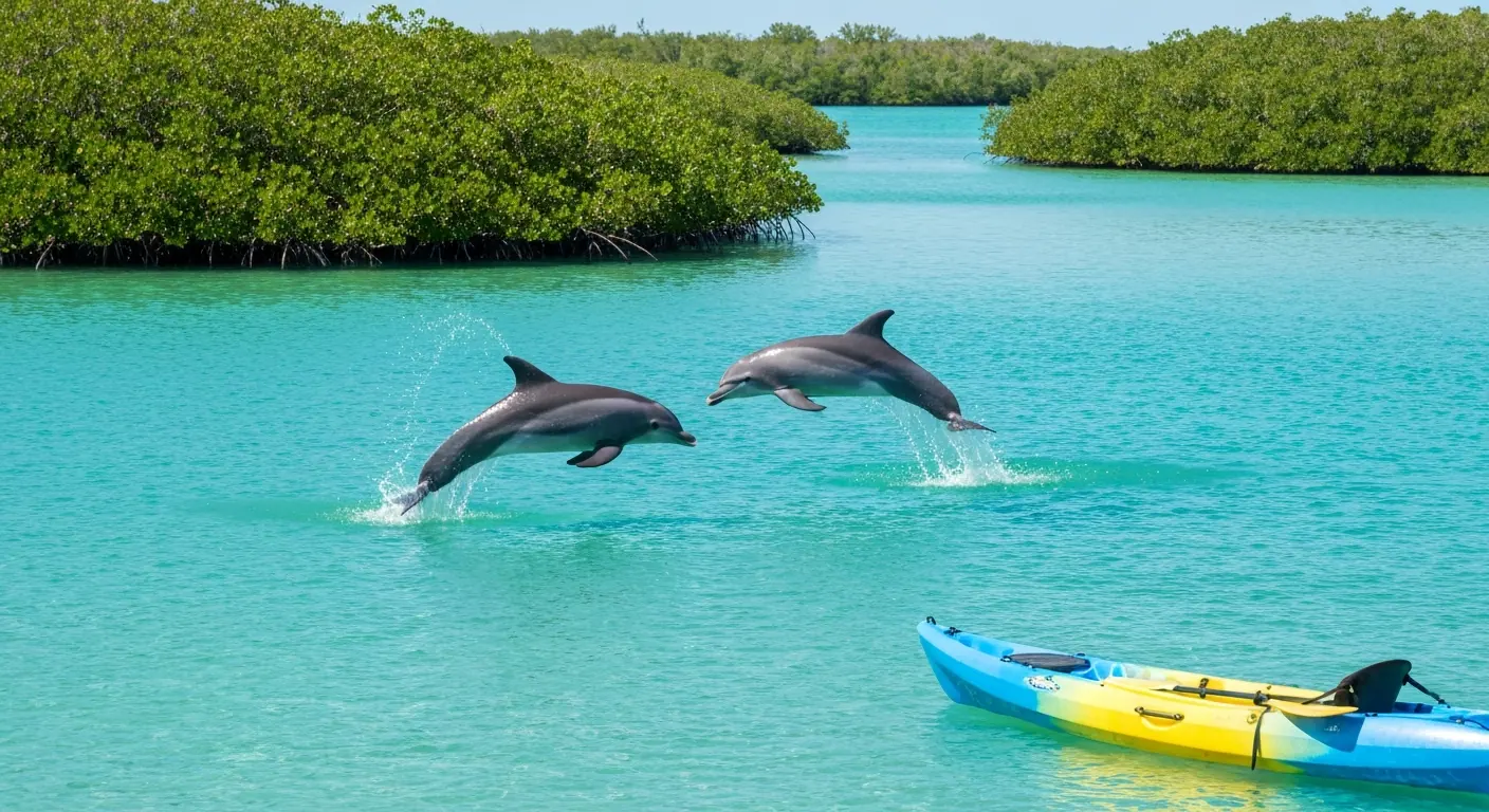 Dolphins swimming alongside kayakers in a Southwest Florida bay