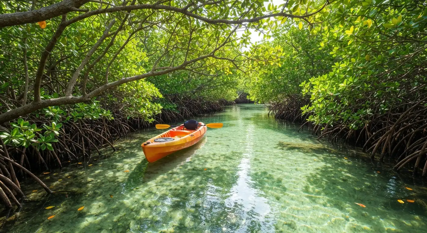 Kayaker paddling through mangrove tunnels in Southwest Florida