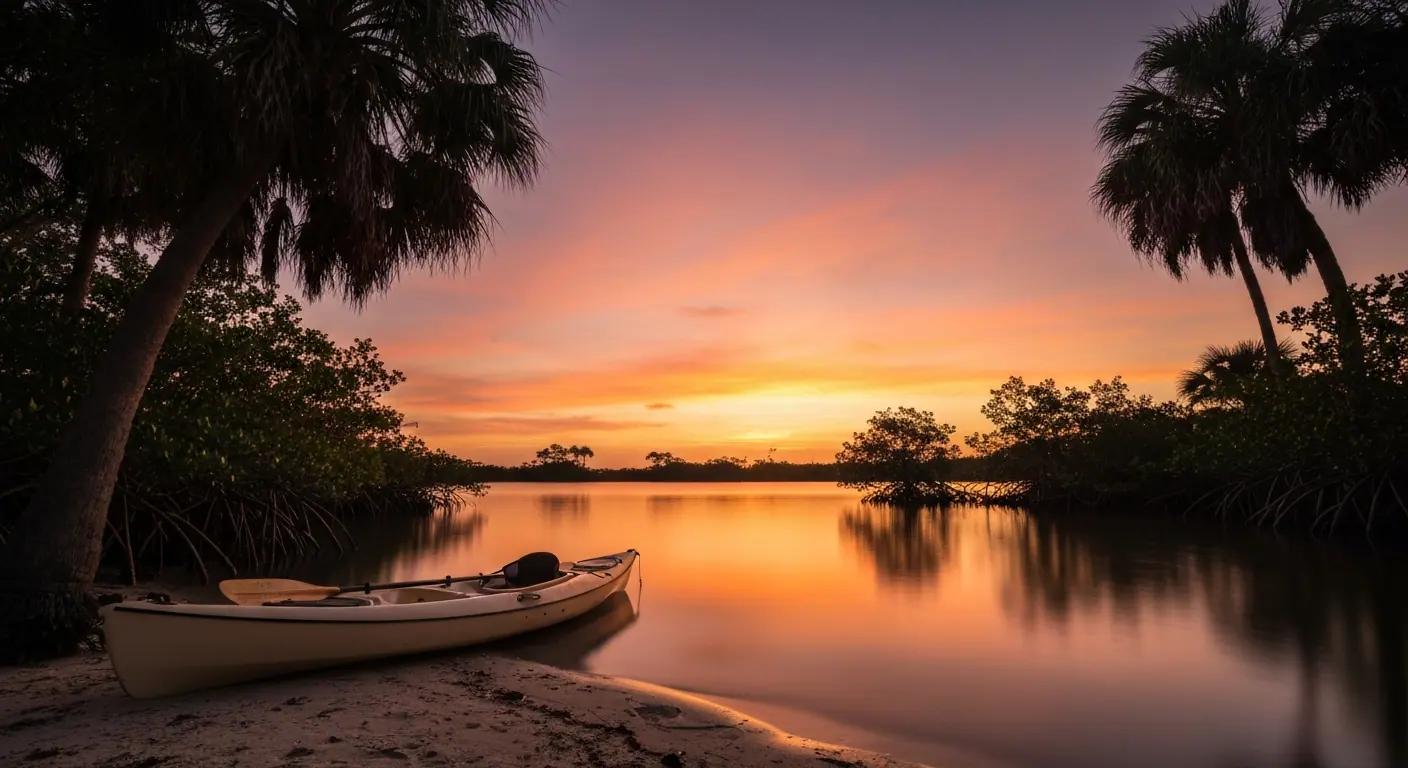 Sunset paddleboarding on a quiet Southwest Florida estuary