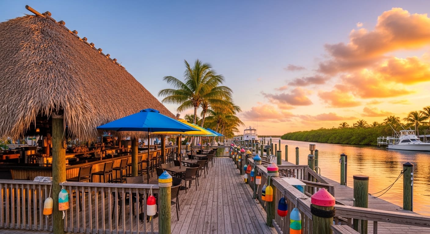 Snook Inn massive thatched-roof tiki bar on the Marco River at Marco Island