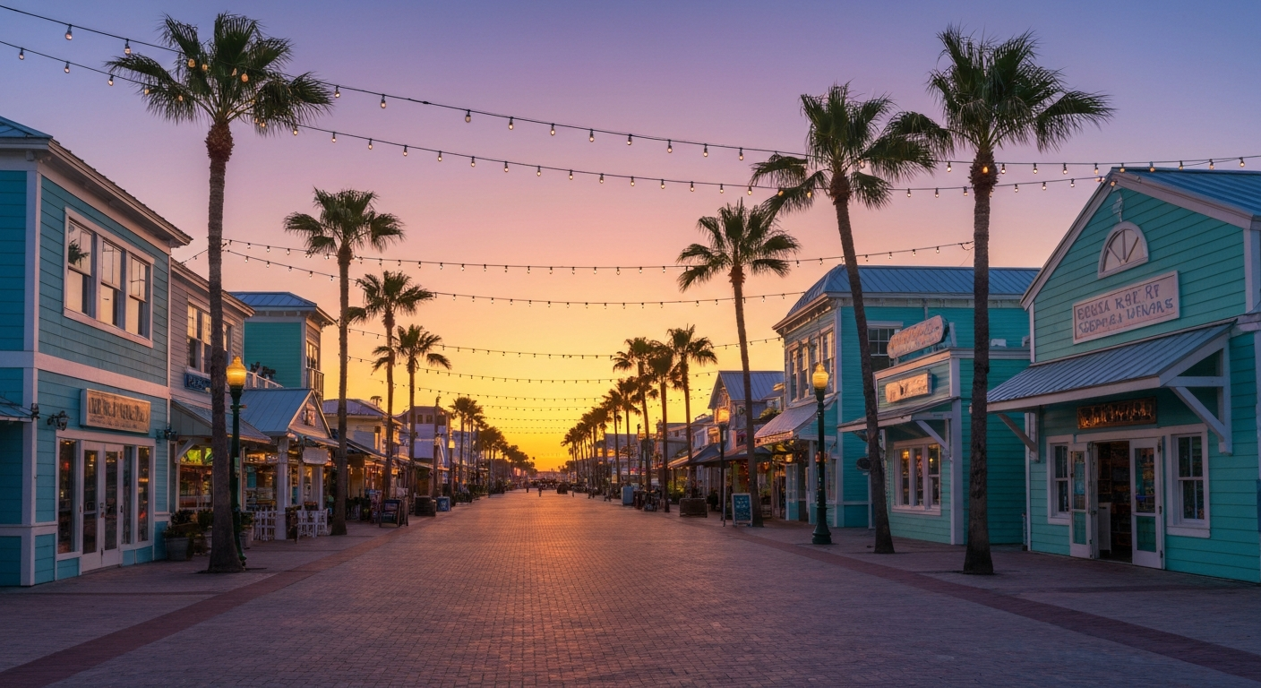 Siesta Key Village shops and restaurants at sunset