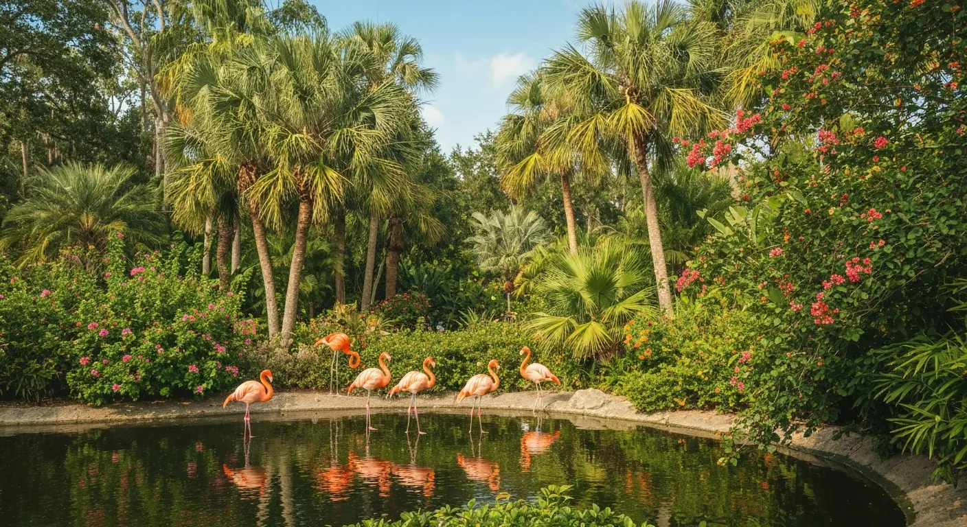 Lush tropical gardens and flamingos at Everglades Wonder Gardens in downtown Bonita Springs