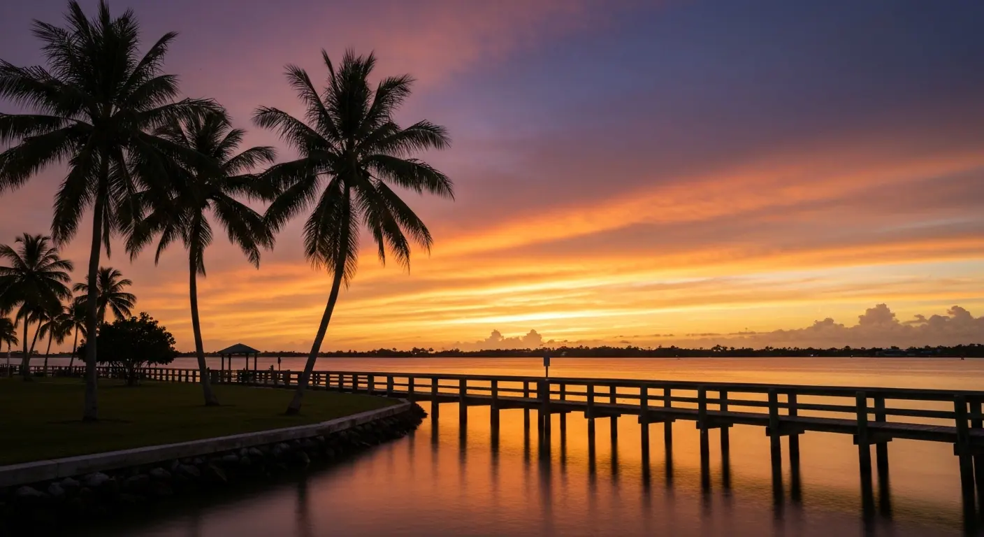 Sunset over Lemon Bay viewed from Indian Mound Park in Englewood Florida with palm trees and calm water