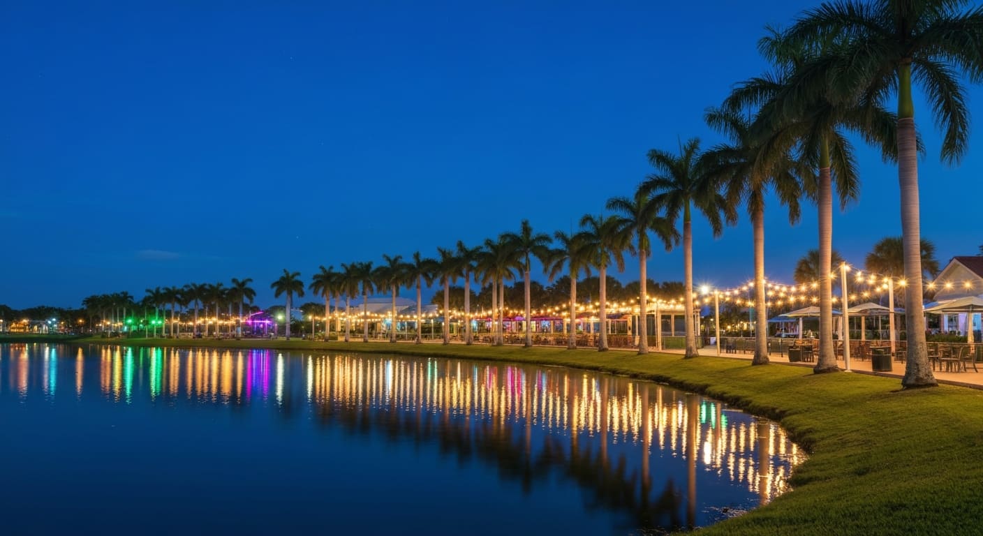 Wellen Park evening lakefront at Downtown Wellen in Venice Florida