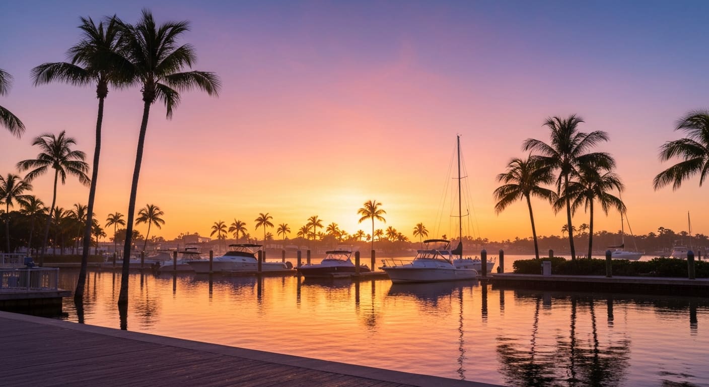 Southwest Florida marina and waterfront winter sunset for snowbirds