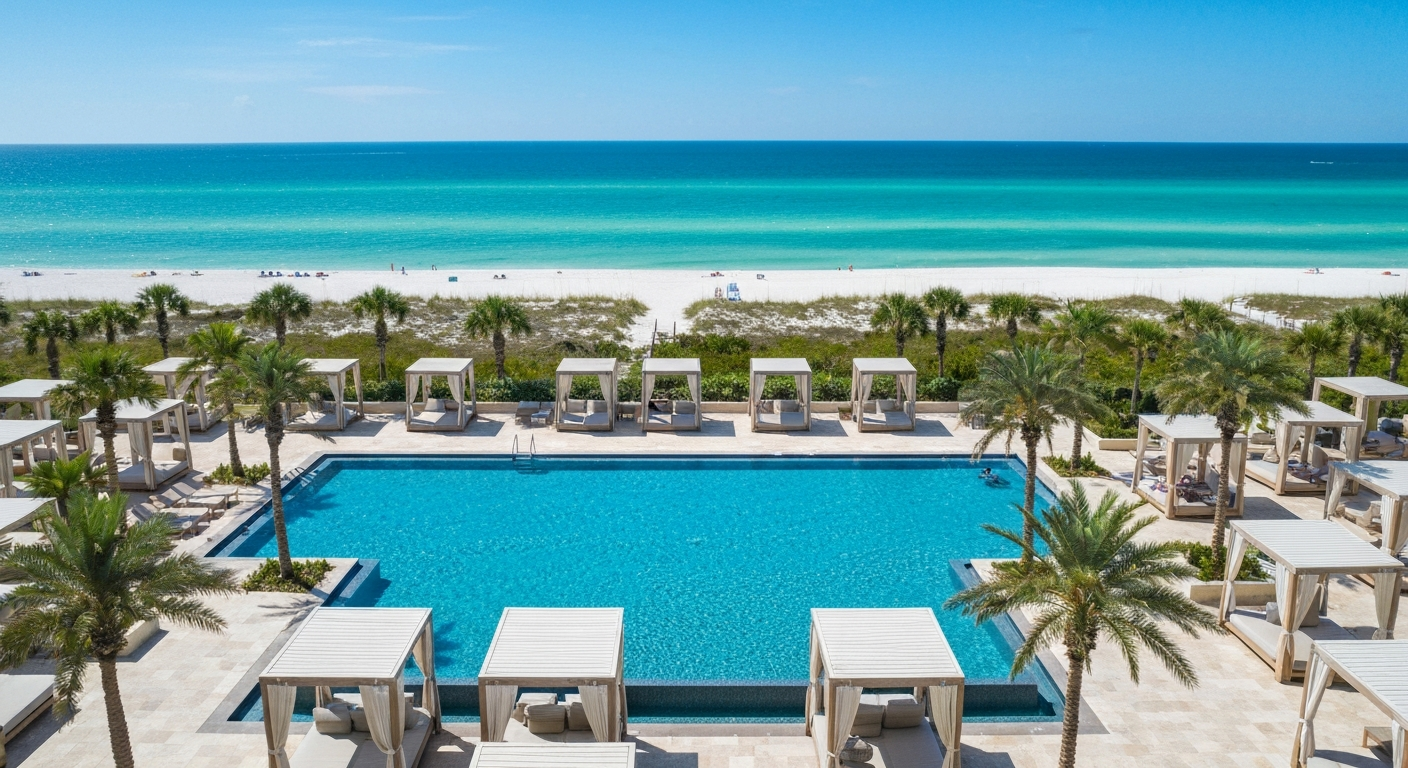 Tropical infinity pool with poolside bar at Zota Beach Resort on Longboat Key