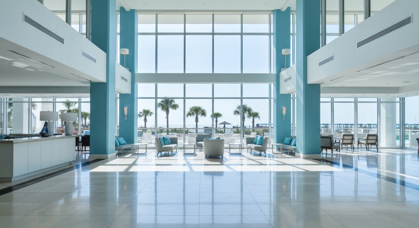 Modern interior design at Zota Beach Resort with contemporary lobby and tropical accents