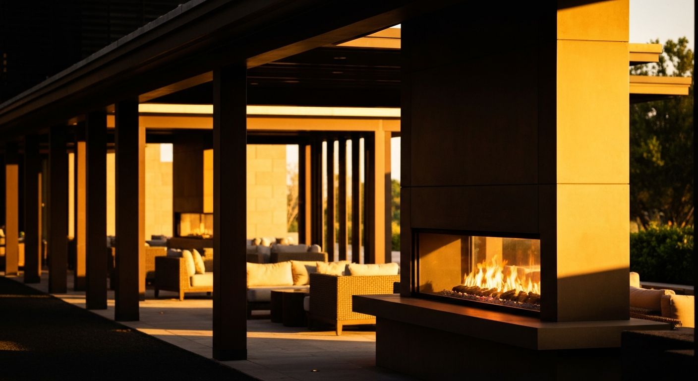 Upscale restaurant interior with floating wine wall and contemporary fireplace at Viento Kitchen and Bar